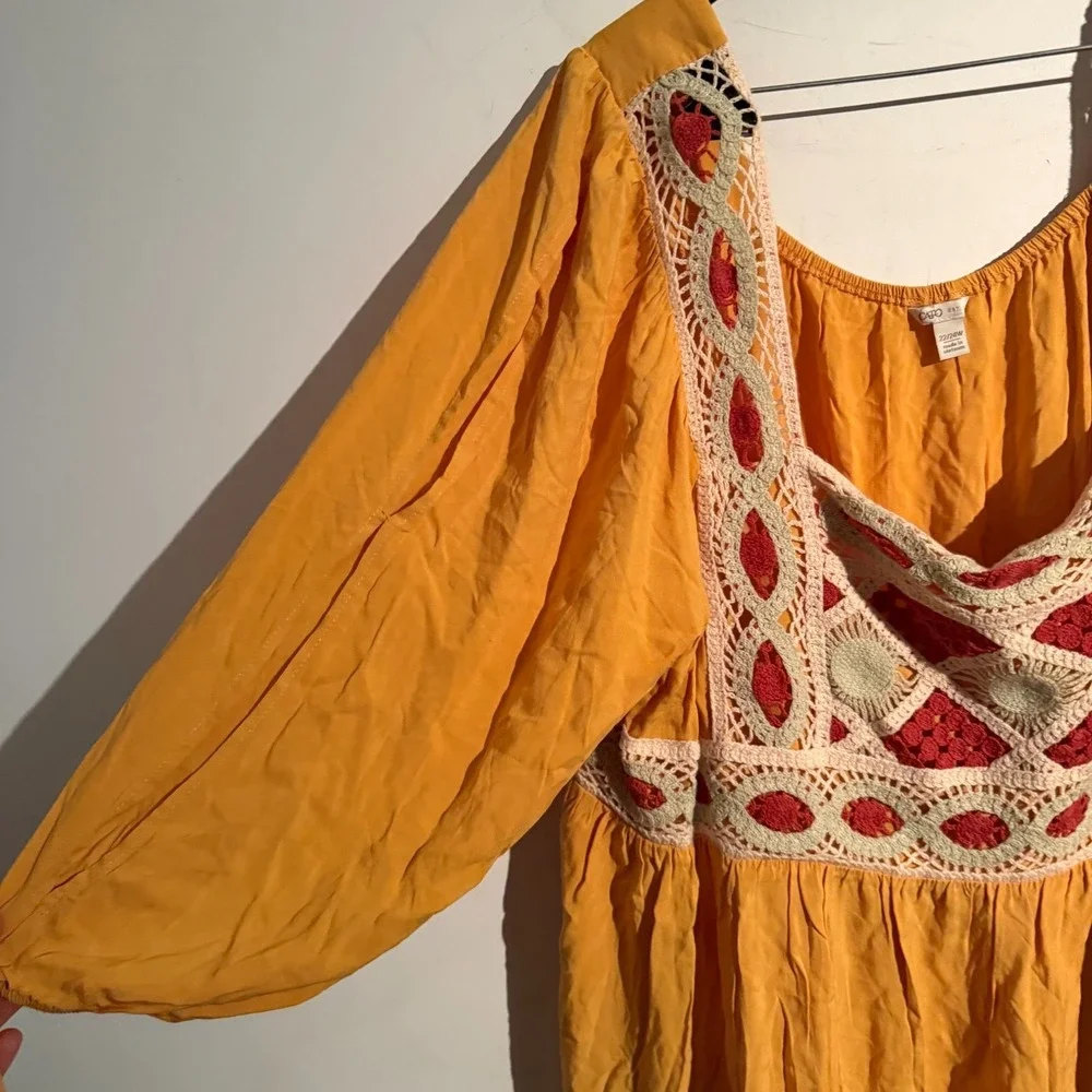 Cato 22 24 Mustard Yellow Boho Dress Crochet Bodice Peasant Festival Cottagecore - Picture 2 of 5